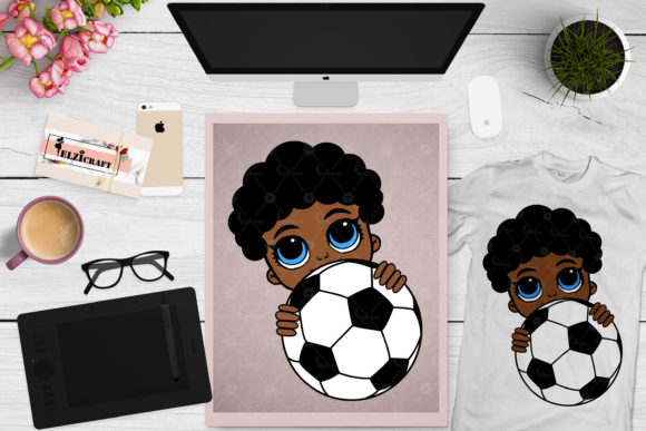 Afro Boy Peeking Football Sport Ball Graphics for Crafts